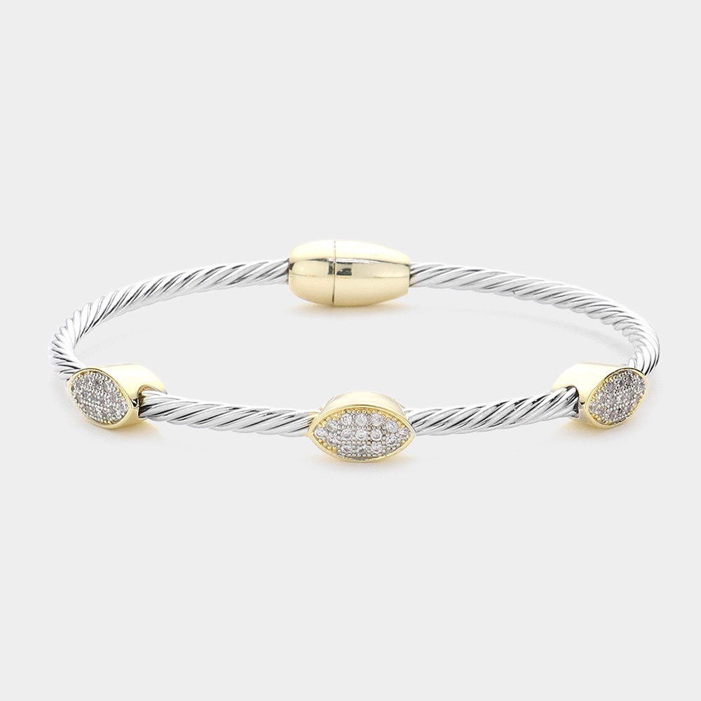 14K Gold Plated Two Tone Pave Bangle Bracelet